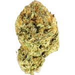 Close-up of Pink Death cannabis strain showcasing dense, frosty buds with shades of green, purple, and orange, covered in a thick layer of trichomes.