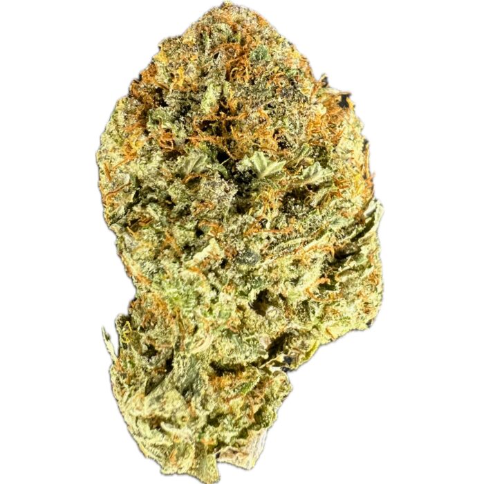 Close-up of Pink Death cannabis strain showcasing dense, frosty buds with shades of green, purple, and orange, covered in a thick layer of trichomes.