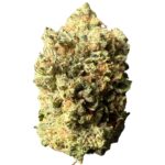 Close-up of Pink Rockstar strain buds showcasing dense mint-green nugs with pink hues, bright orange hairs, and frosty pink-tinted crystals.