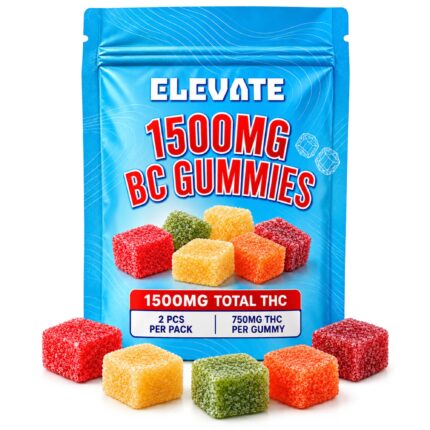 Elevate THC 1500mg Gummies – two extra-strength weed gummies containing 750mg THC each, available in multiple flavours