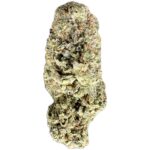 Close-up of Tuna Kush strain buds, showcasing dense, resin-coated green buds with trichomes and orange hairs.