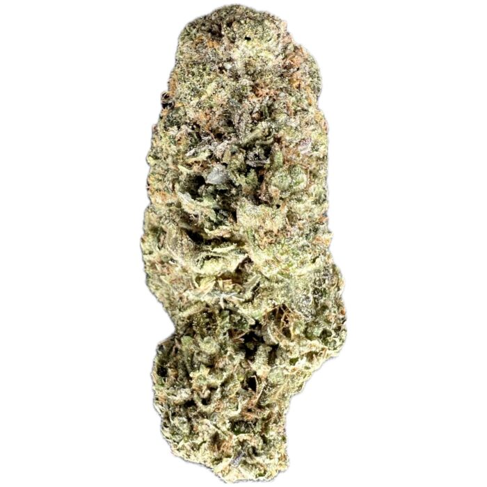 Close-up of Tuna Kush strain buds, showcasing dense, resin-coated green buds with trichomes and orange hairs.