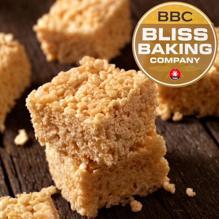 A close-up of a golden, marshmallow-filled cannabis-infused rice crispy square from Bliss Baking Company.
