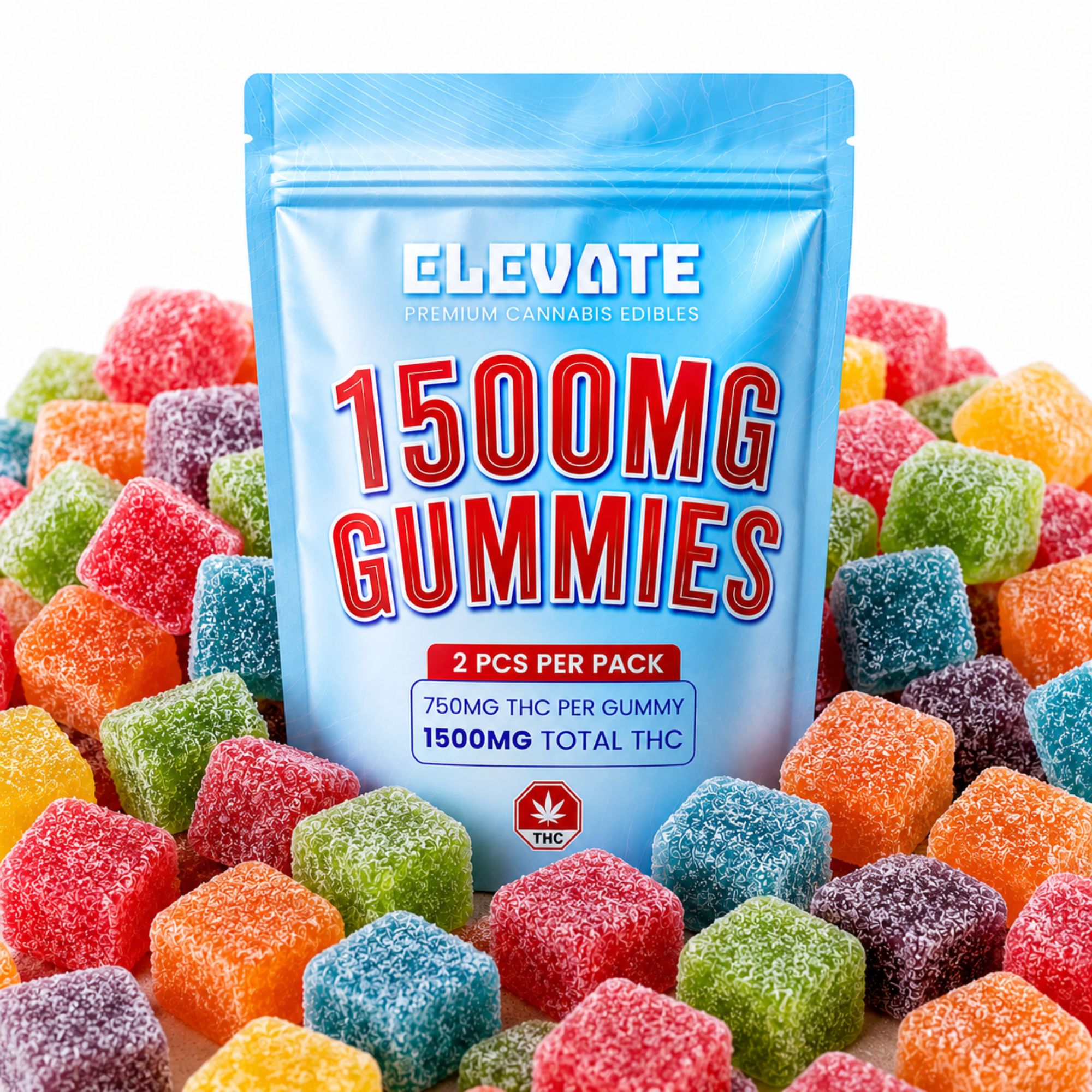 Elevate 1500MG Bulk Mix and Match THC gummies with two 750mg gummies per package in assorted flavours