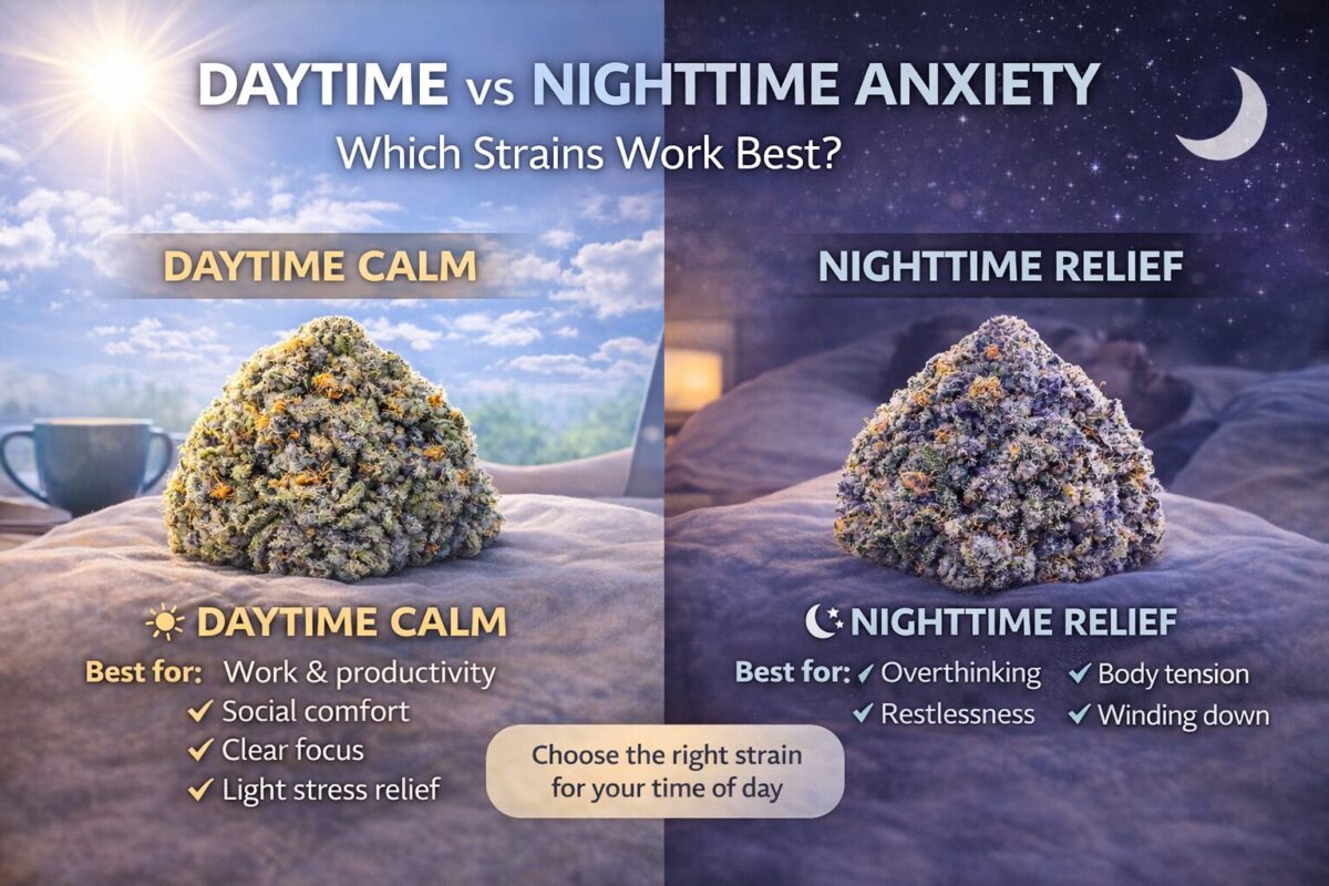 Daytime vs nighttime anxiety cannabis image showing calming daytime light and relaxing nighttime mood with weed strains
