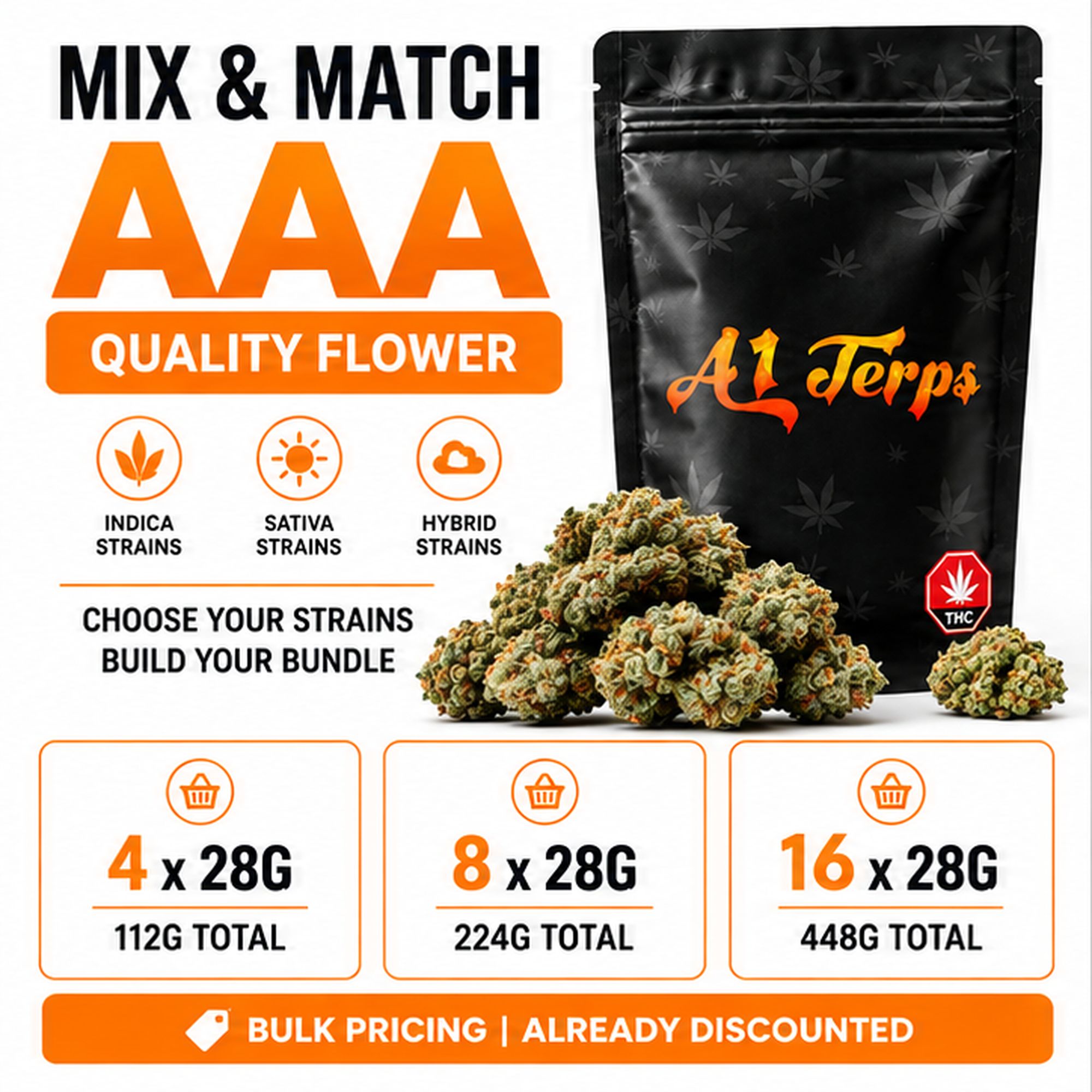 AAA cannabis flower bulk Mix & Match bundle with assorted strains available in 4, 8 or 16 ounce quantities